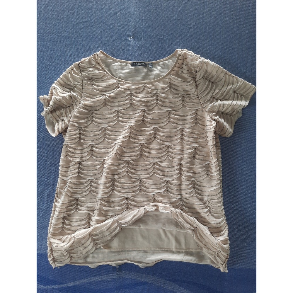 Notations Woman Beige Scalloped Ruffle Textured Short Sleeve Top 1X WNKU0541